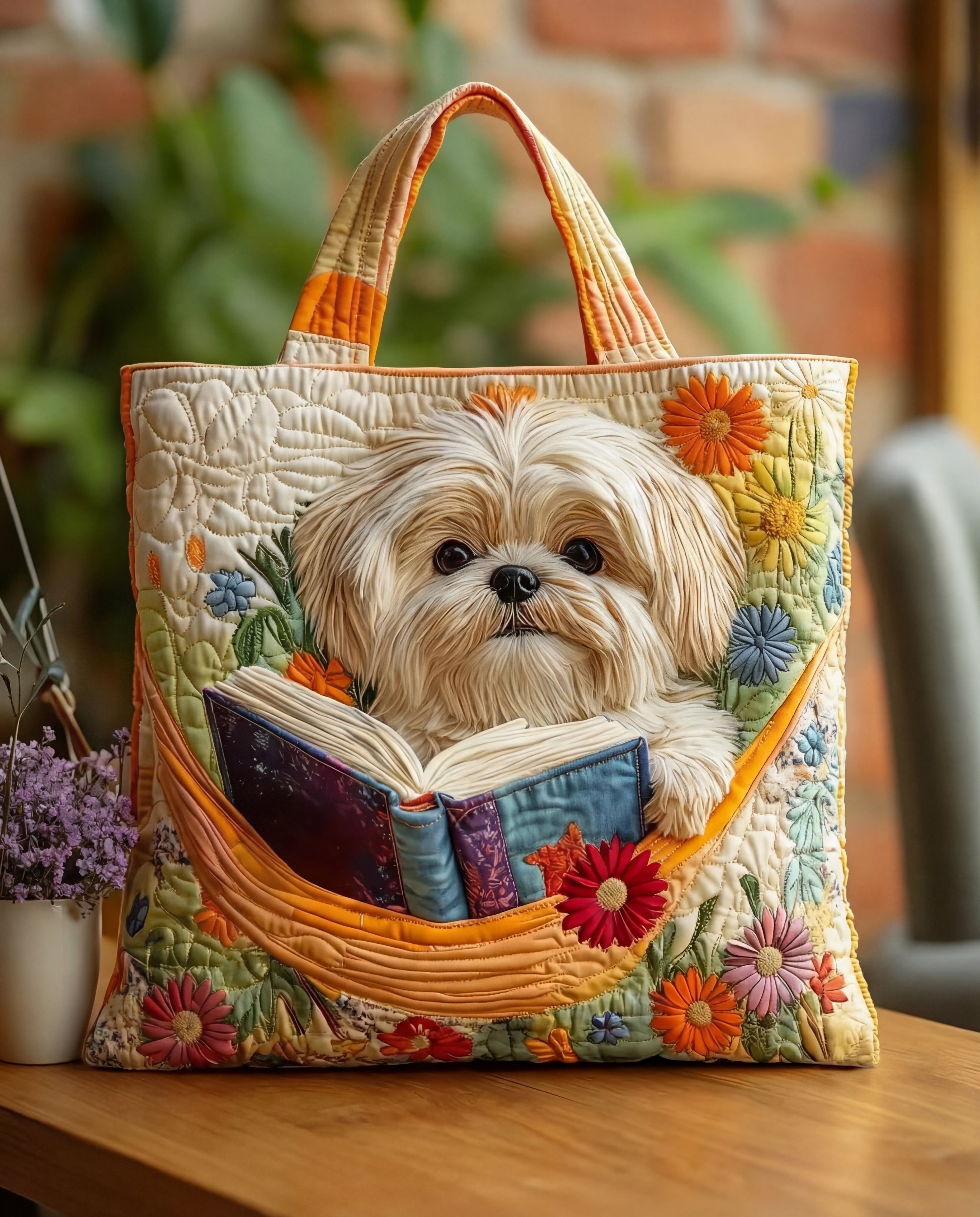 Borsa Artigianale “Shih Tzu con Libro e Fiori”