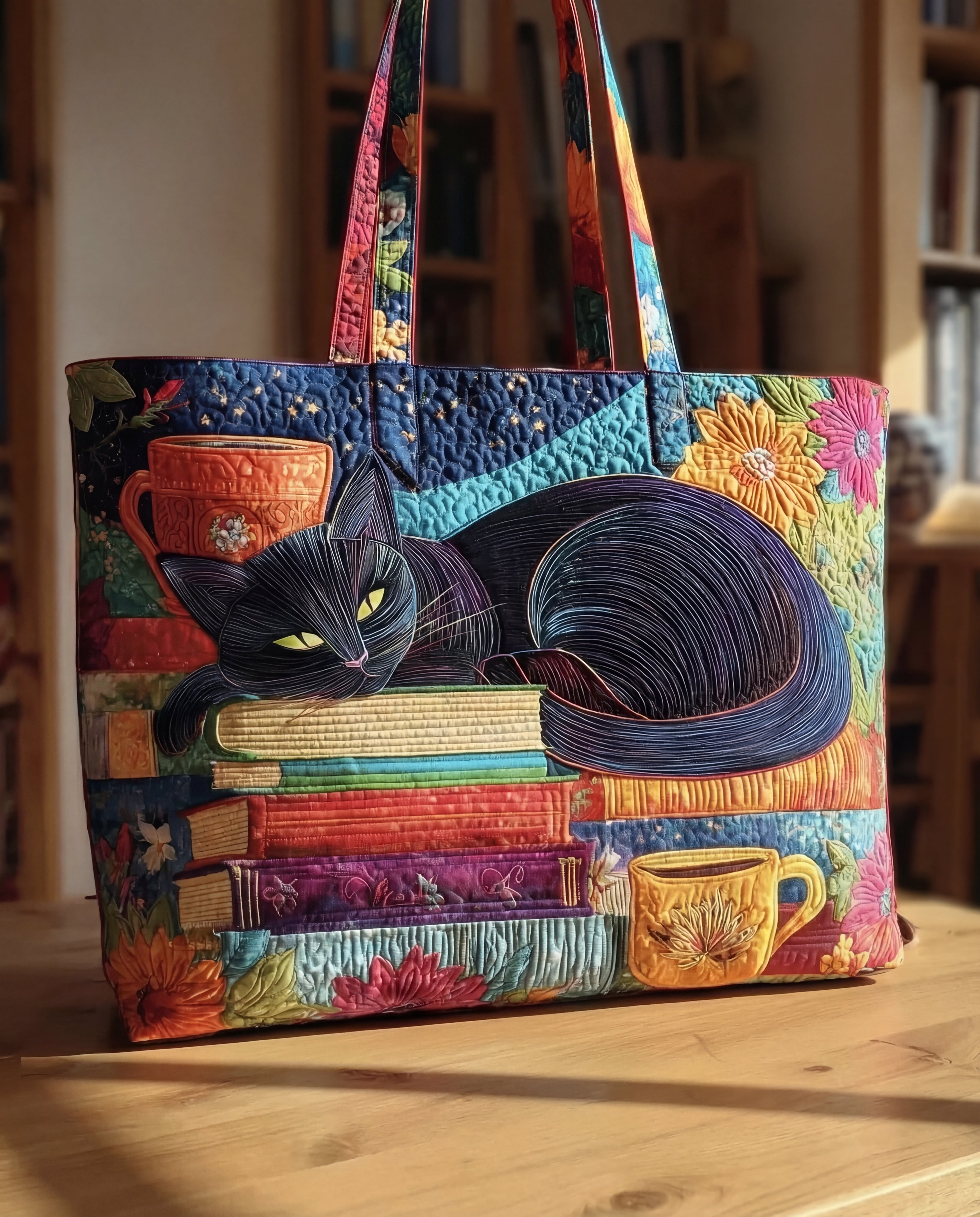 Borsa Artigianale “Gatto Nero con Libri e Tazze”