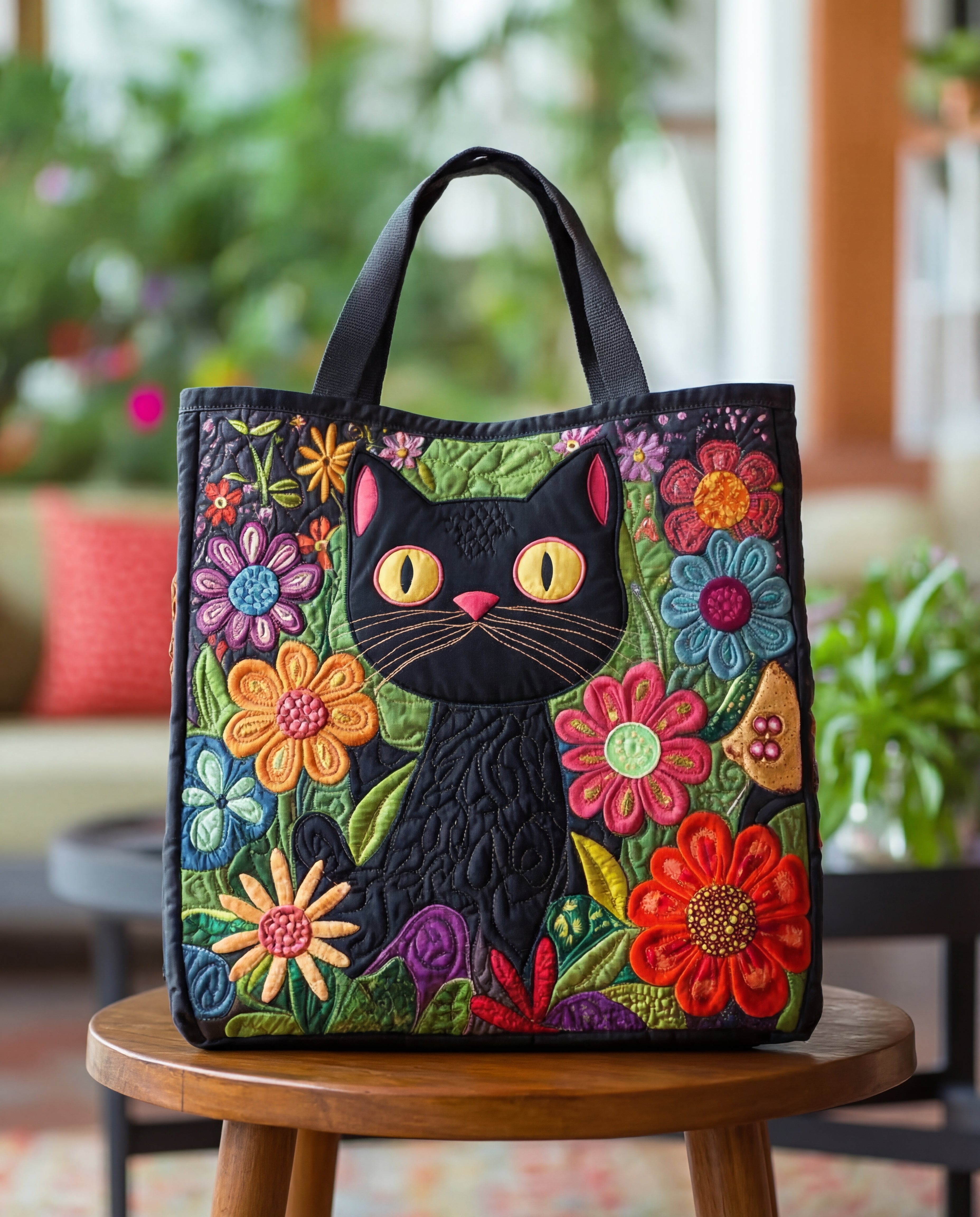 Borsa Artigianale Trapuntata “Gatto Nero Incantato”