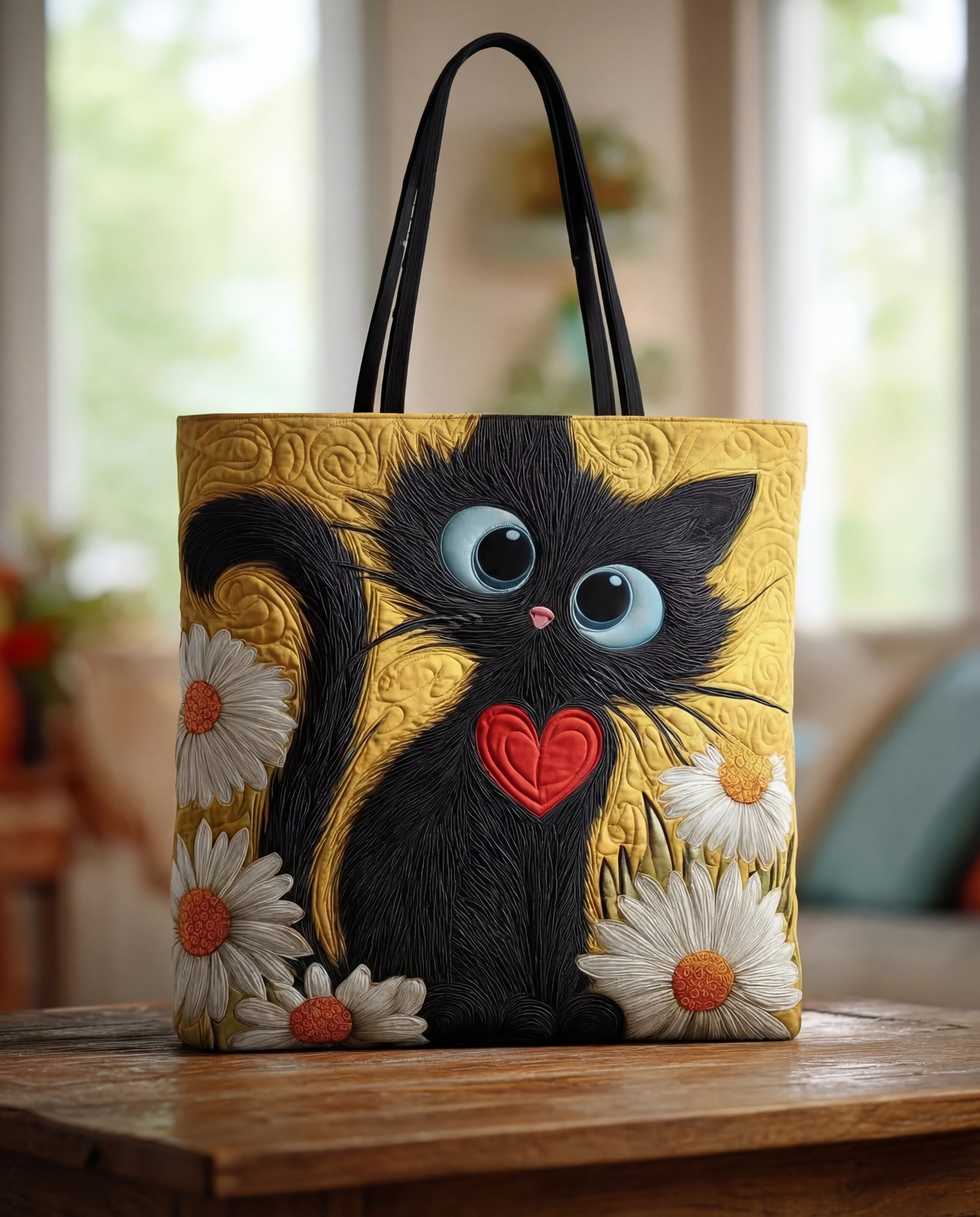 Borsa Artigianale “Gatto Nero con Cuore e Margherite”